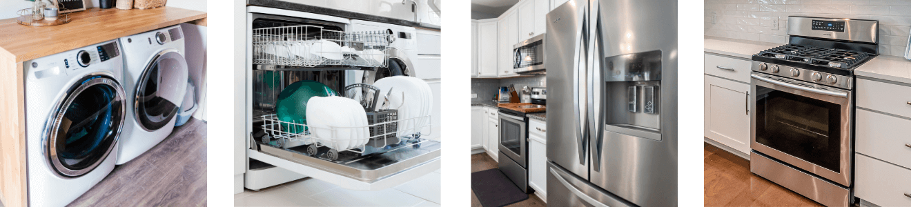 A combination of photos of a washer/dryer, a dishwasher, a refrigerator and a stove/oven